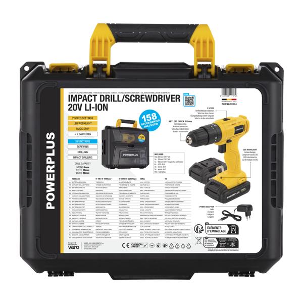 Akumulatorska udarna bušilica-odvijač Powerplus POWXBOX004 – 20 V | 30 Nm | Set od 158 delova